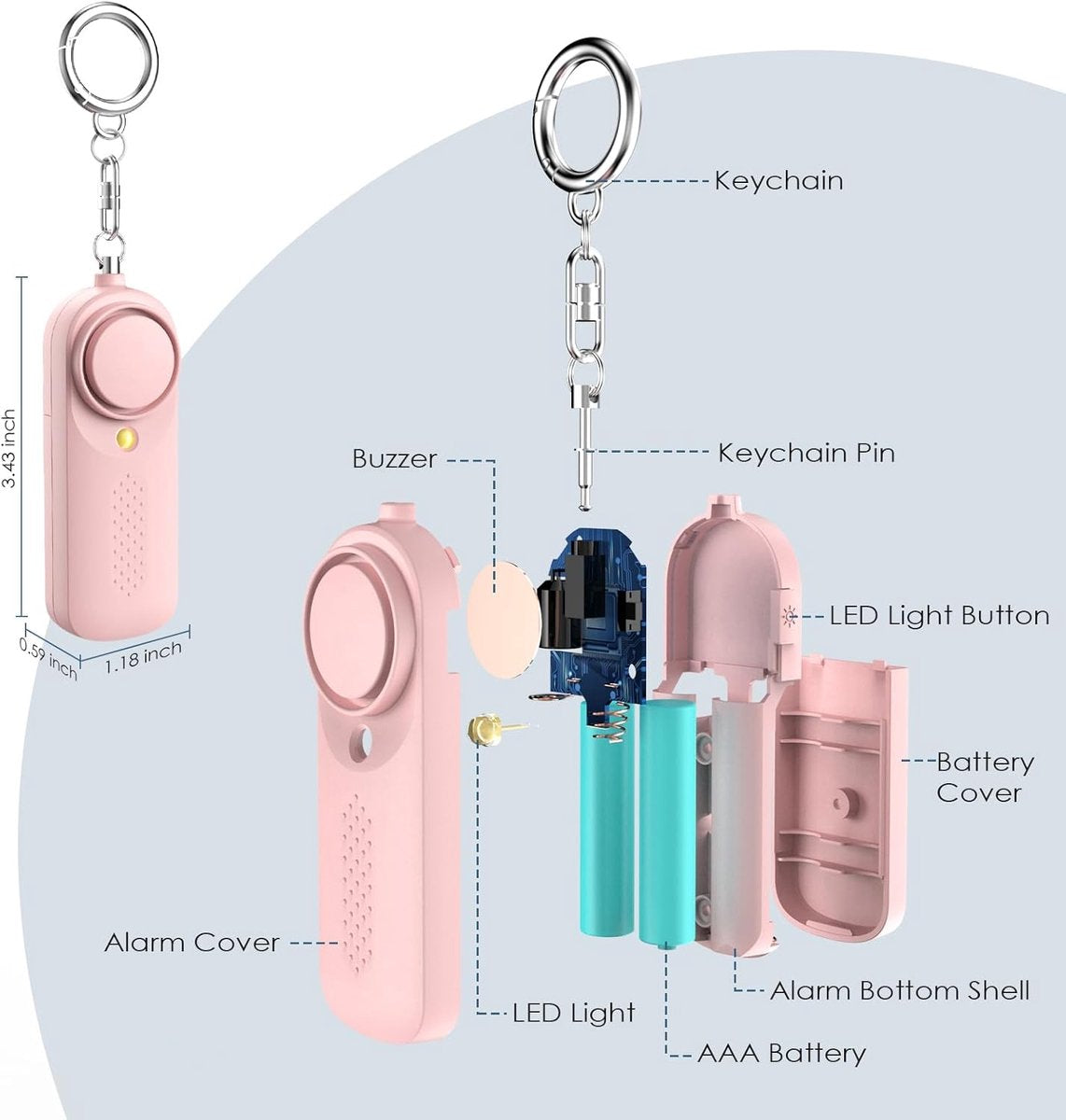 Personal alarm - 130 dB - Security siren - Self-defense siren - With LED light-up keychain - For children, women, students and seniors (pink) - Image 7