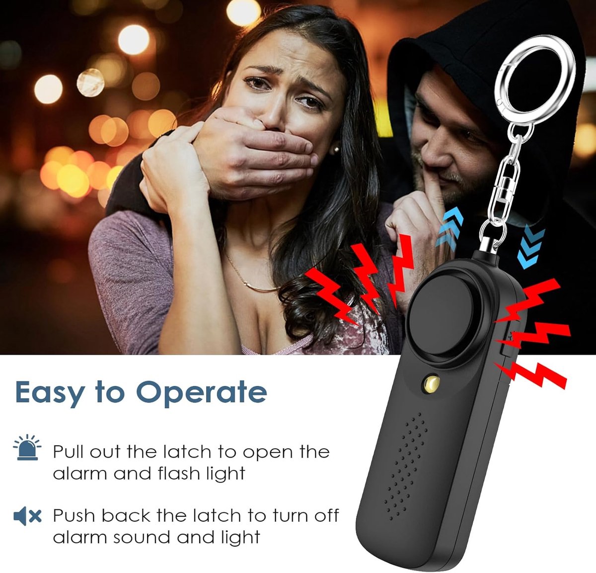 Personal Alarm - 130 dB - Security Siren - Self-Defense Siren - With LED Light-Up Keyring - For Children, Women, Students and Seniors (Black) - Image 7