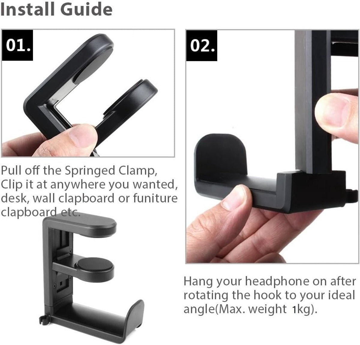 Headset Stand - Headset Holder - Rotating Headset Stand - Gaming Headset Stand - With 360-Degree Rotation and Cable Clip Organizer - Adjustable Clamp Mount Under Desk - Black - Image 5