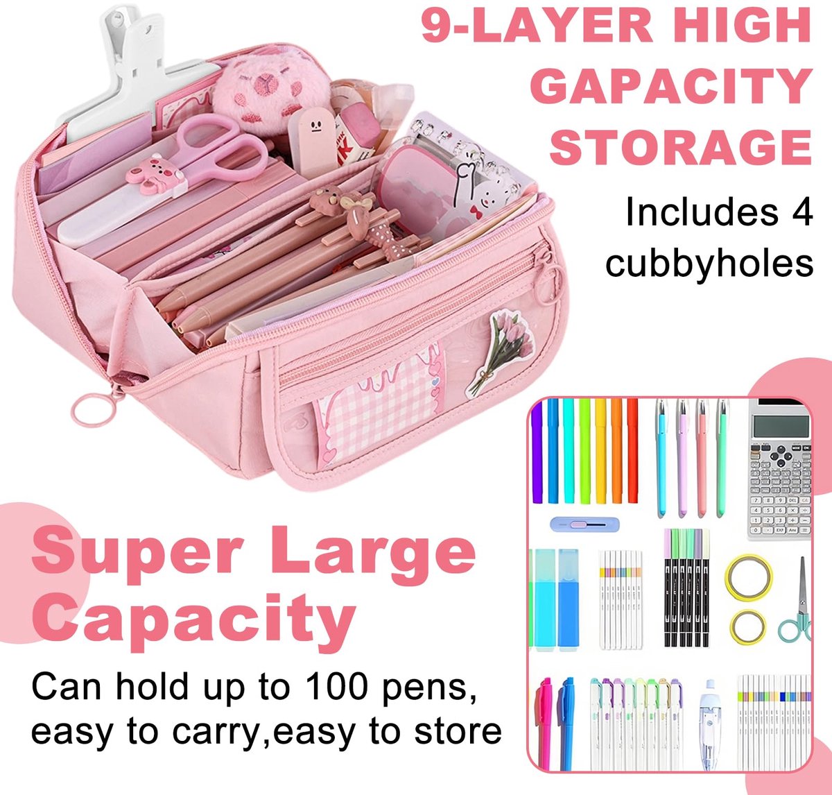 Pencil case - Pencil case for boys and girls - 20x8.5x8.5 cm - Canvas - Linen - Large capacity - School pencil case - pink - Image 8