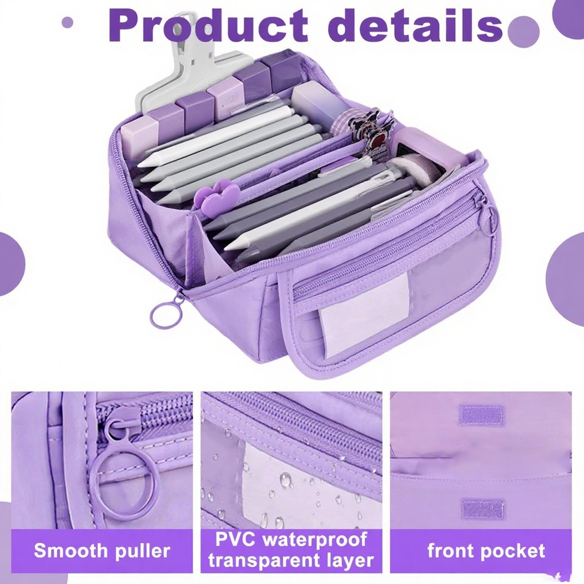 Pencil case - Pencil case for boys and girls - 20 x 8.5 x 8.5 cm - Canvas - Linen - Large capacity - School pencil case - Purple - Image 7