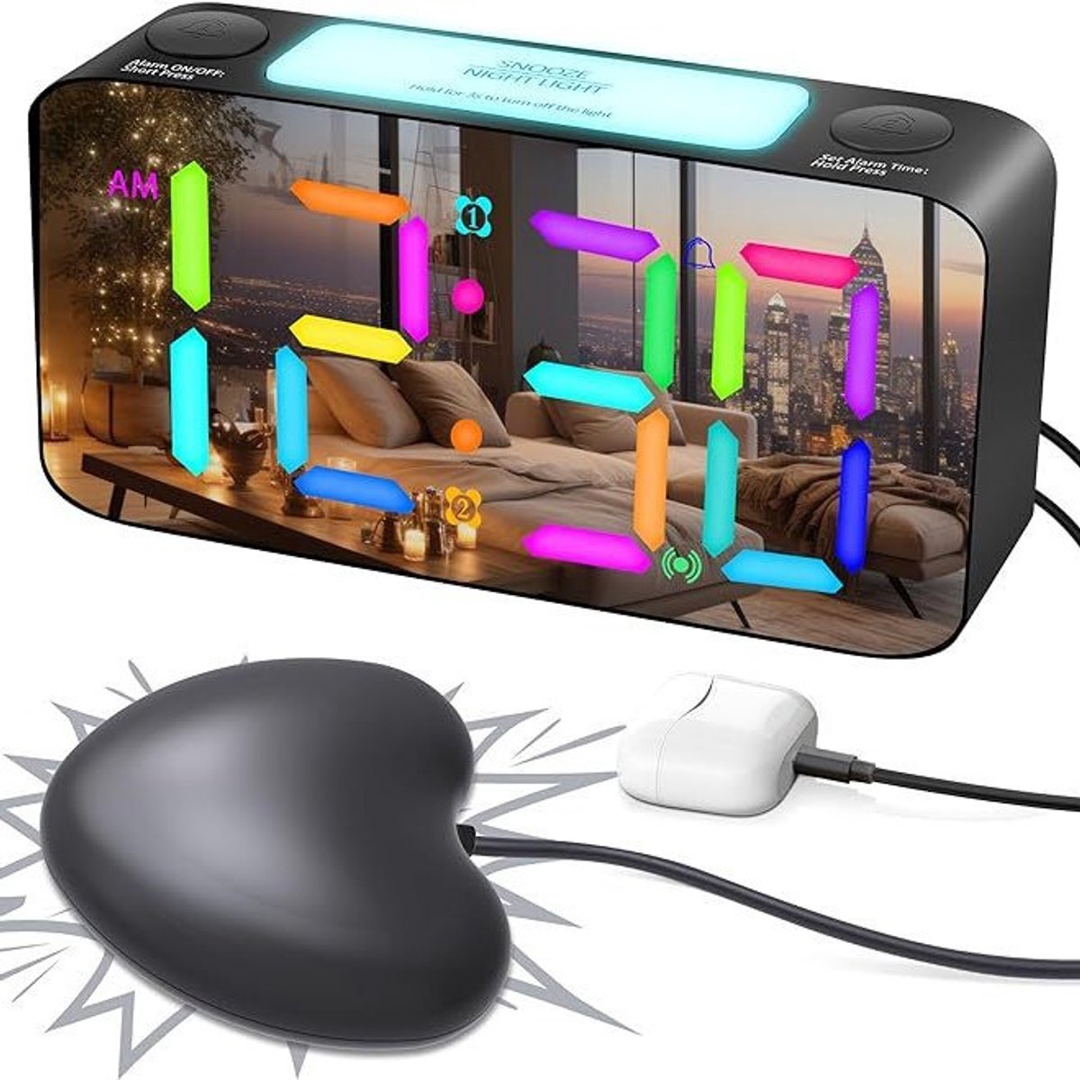 Wekker - Digital Alarm Clock - Wekker Children's Alarm Clock - LED Alarm Clock - Wekker with Color Mirror - 15 Color Modes - Large 7-inch Screen - 3 Brightness Levels - Night Light - Adjustable Volume - 12/24 Hour Time - Mains Powered Alarm Clock - For Ch - Image 5