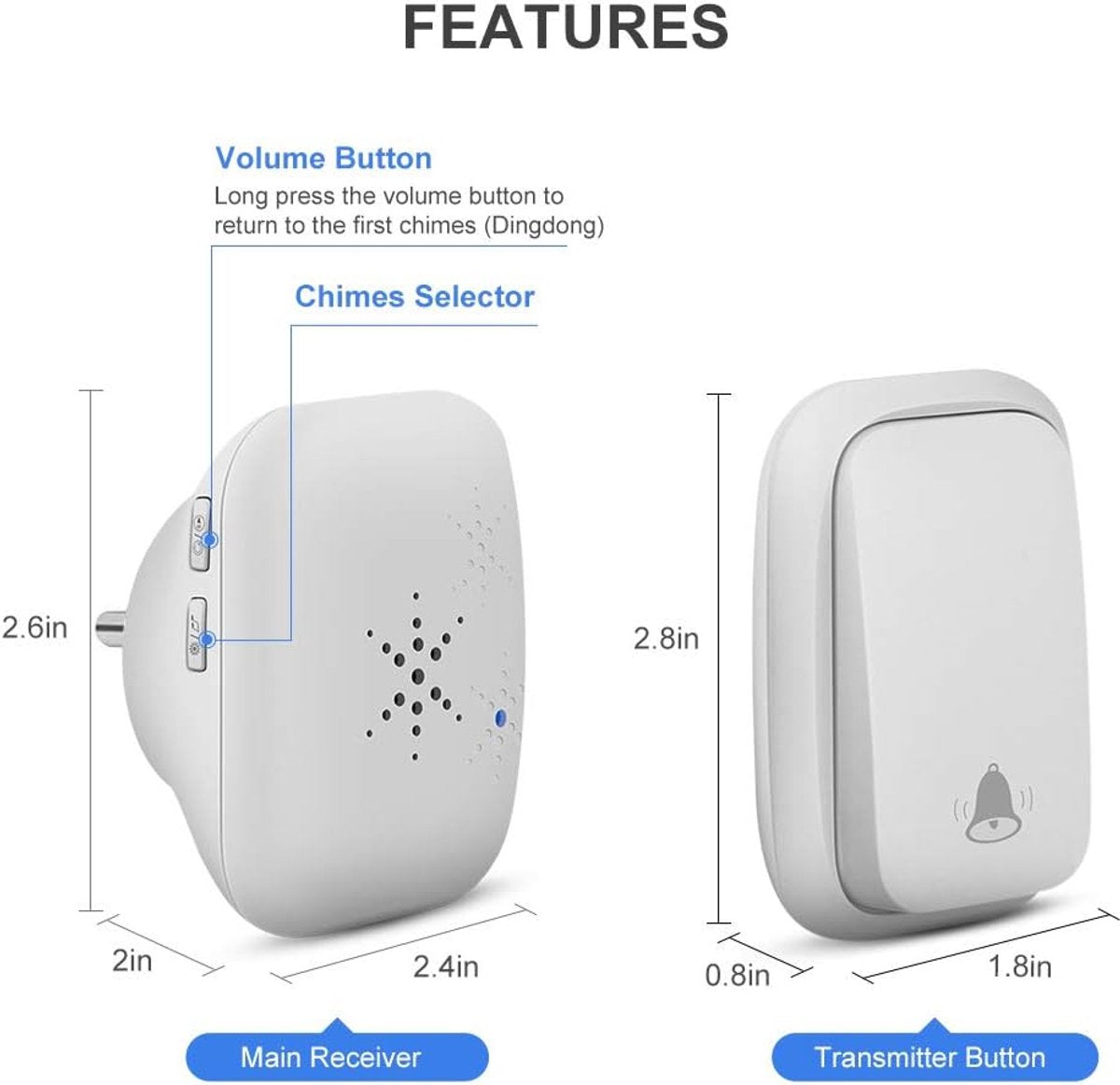 Wireless Doorbell - Doorbells - Wireless Doorbell - Standalone Doorbell - No Battery Required - Wireless Doorbell - 150m Range, Waterproof Button - With 38 Ringtones - 4 Volume Levels and LED - With - Image 7