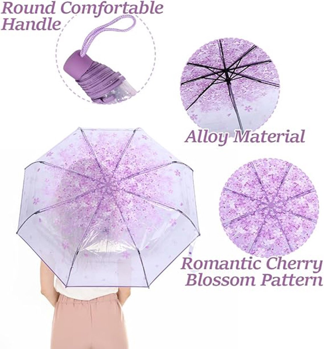 Transparent plastic folding umbrella - Purple Sakura design - Transparent floral travel umbrella, windproof, for outdoor use - Suitable for adults, children, girls, and women - Image 6
