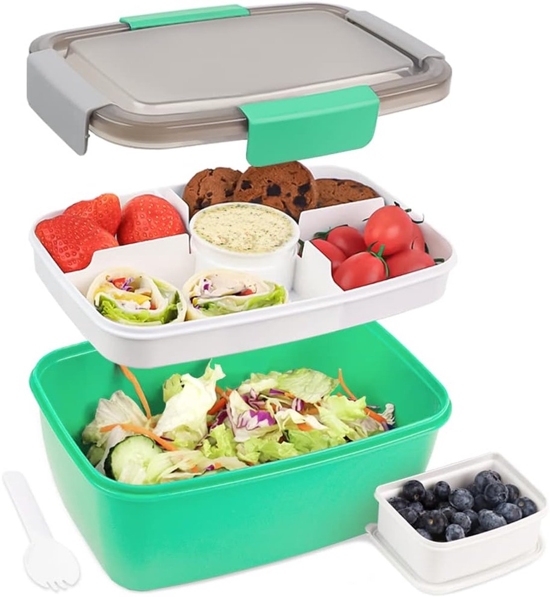 2000ml children's lunch box, adult lunch box with 4 compartments and soup container, salad box with dressing container, lunch box, salad container, microwave and dishwasher safe, BPA free - Image 7