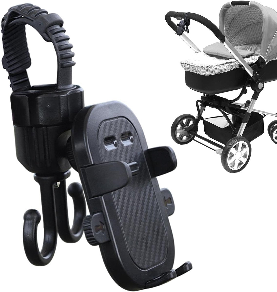 Phone holder for bicycle, stroller, portable stroller hanger, 2-in-1 shopping trolley hook, shopping bag holder, sturdy and adjustable, compatible with most strollers and bicycles - Image 8