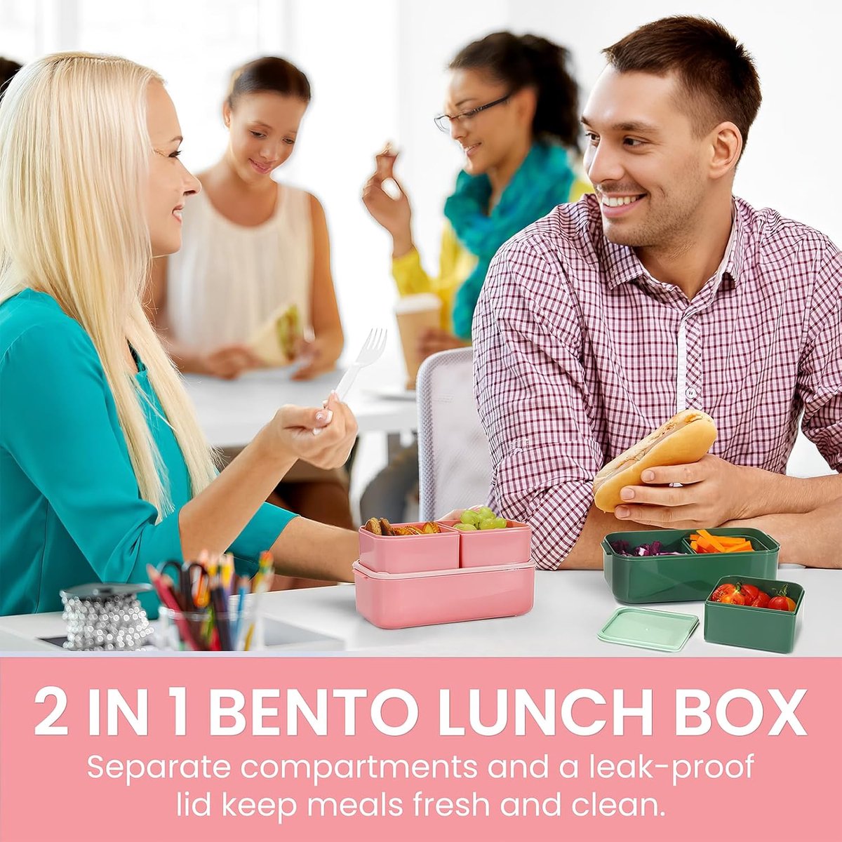 Children's bento box with compartments, 1300 ml, 2-in-1 3-compartment bento box, leakproof, for adults, for breakfast, BPA-free, pink - Image 5