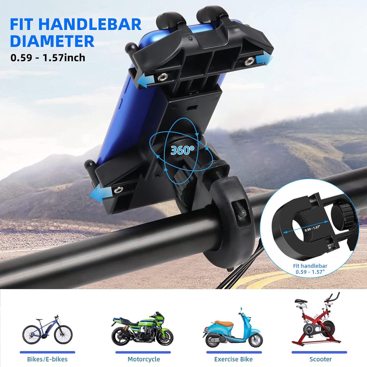 Motorcycle phone mount - Bicycle phone mount - Heavy-duty clamp for motorcycle handlebars - One-handed operation - Scooter phone mount - For phones from 4.7" to 7.25" - Image 8