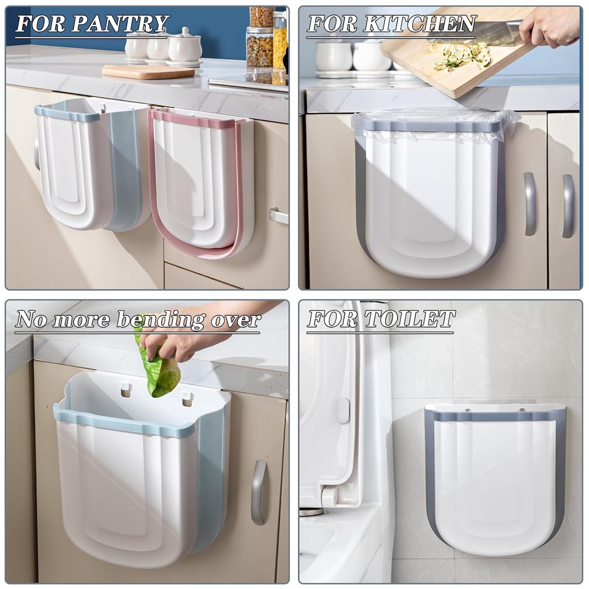 Foldable hanging trash can - Small 2.4 gallon waste bin for countertop and cabinet - Wall-mounted plastic waste bin for kitchen, bathroom, bedroom - Space-saving gray design - Image 5
