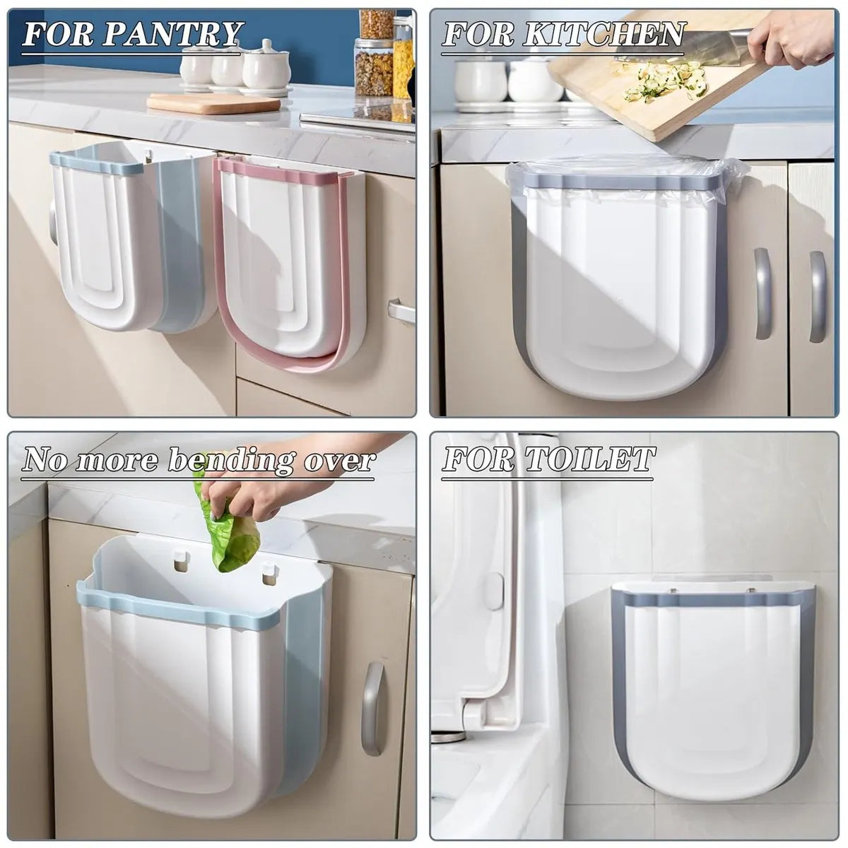 Foldable hanging trash can - Small 2.4 gallon waste bin for countertop and cabinet - Wall-mounted plastic waste bin for kitchen, bathroom, bedroom - Space-saving gray design - Image 5