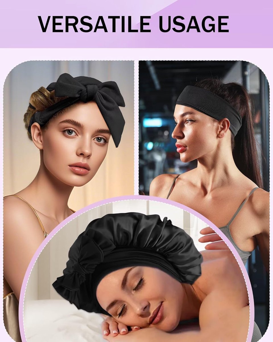 Heat-free hair curlers - Curling rollers - curling set - Blow-dry effect without heat overnight - Soft cap and sleepy bow design - Comfortable curls while you sleep for long hair - black - Image 5