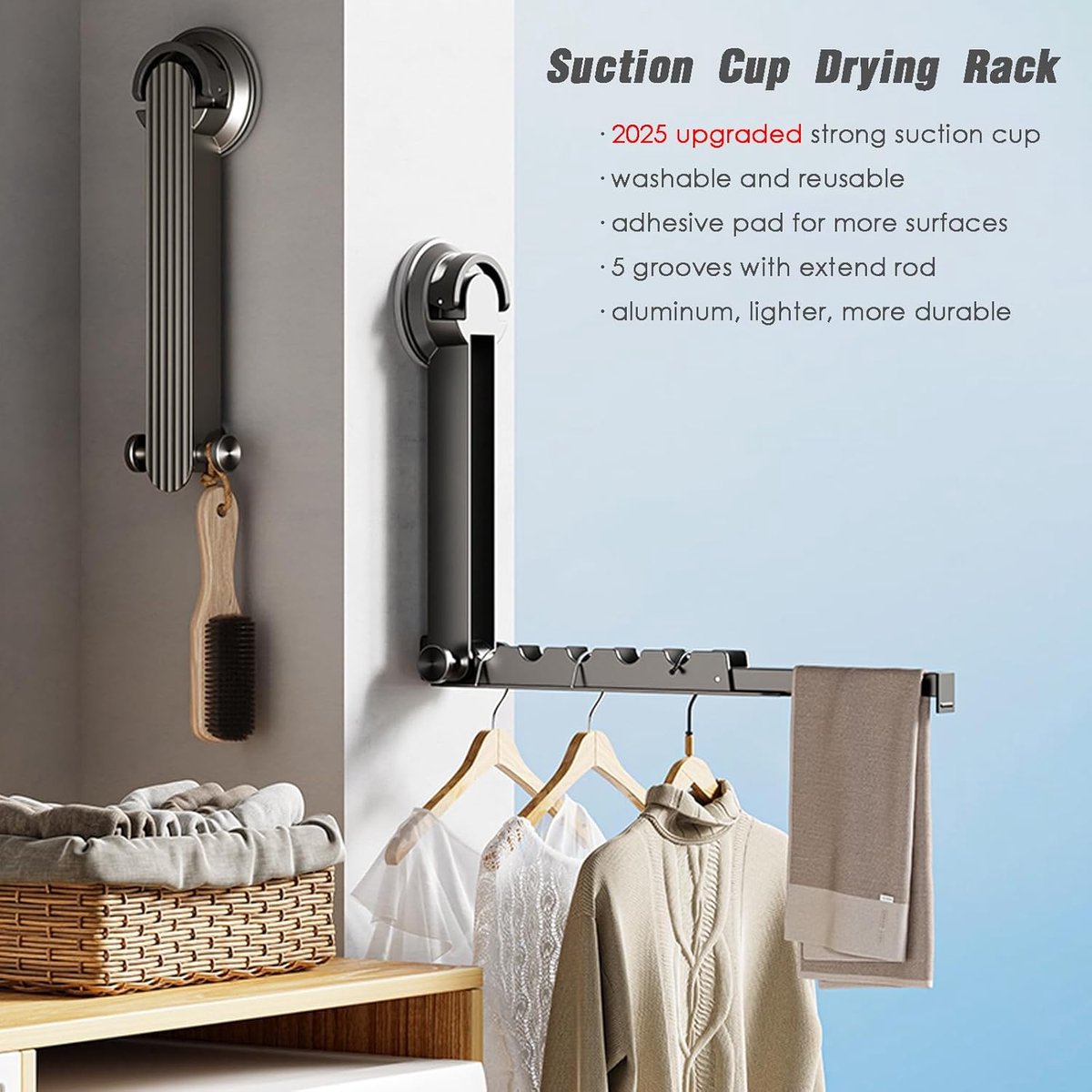 Wall drying rack – Foldable, aluminium, vacuum suction cup (grey) - Image 5