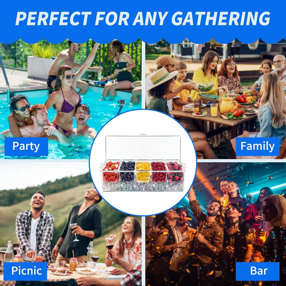 Large ice-cooled condiment holder - Chilled condiment holders - with lids for 5 removable compartments (2.5 cups) - Serving bowls, fruit and garnish bowl - for party supplies and bar accessories - Image 5