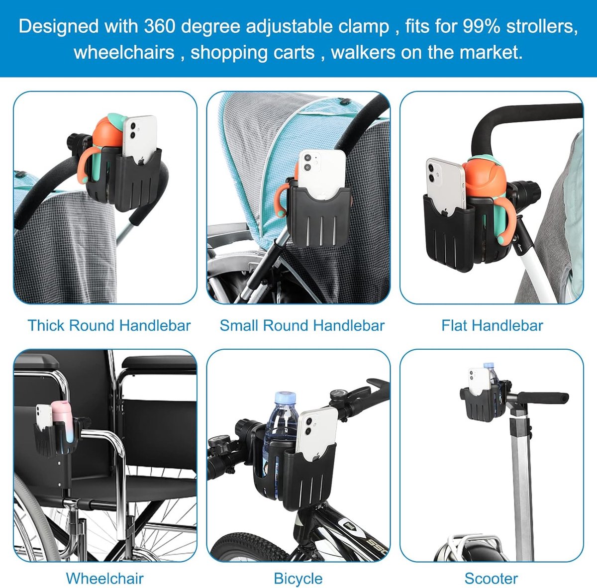 Stroller cup holder - Bicycle cup holder - Universal cup holder - 2-in-1 cup holder and phone holder - Suitable for strollers, bicycles, walkers, and wheelchairs - Image 5