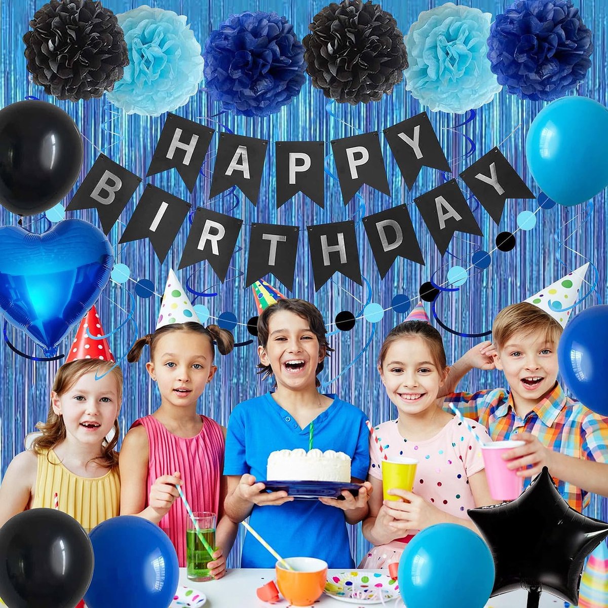 Blue-black birthday party decoration set - Banner & balloons - Image 5