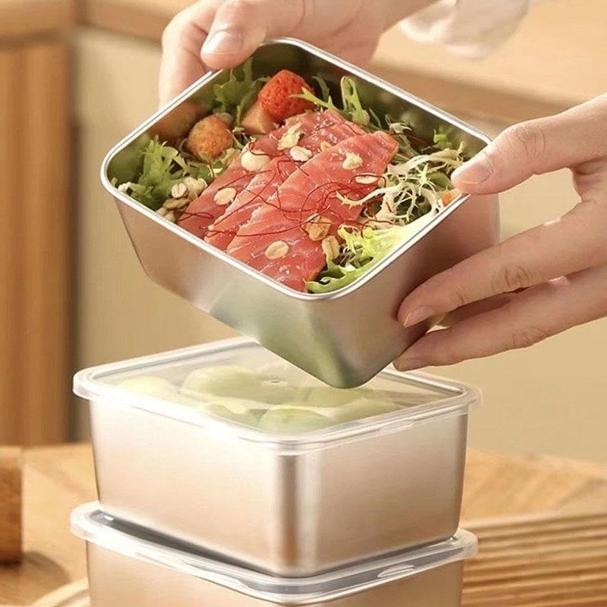 6 Food Containers with Lids - Reusable, Stackable, Waterproof - Stainless Steel - Suitable for Oven, Refrigerator, and Dishwasher - 13.5*10.5*6 cm (500 ml) - Image 5