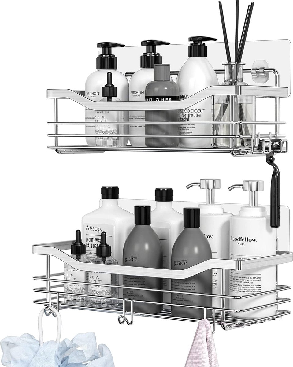 Shower Rack - 2-Tier - Wall Shower Rack - Bathroom Rack - Storage - No Drilling Required Shower Rack - Shower Basket - Hanging Shower Rack - Small Rack for In The Shower - Bathroom Shelf - Shampoo Rack - Shower Rack - Stainless Steel - Self-Adhesive - For - Image 5