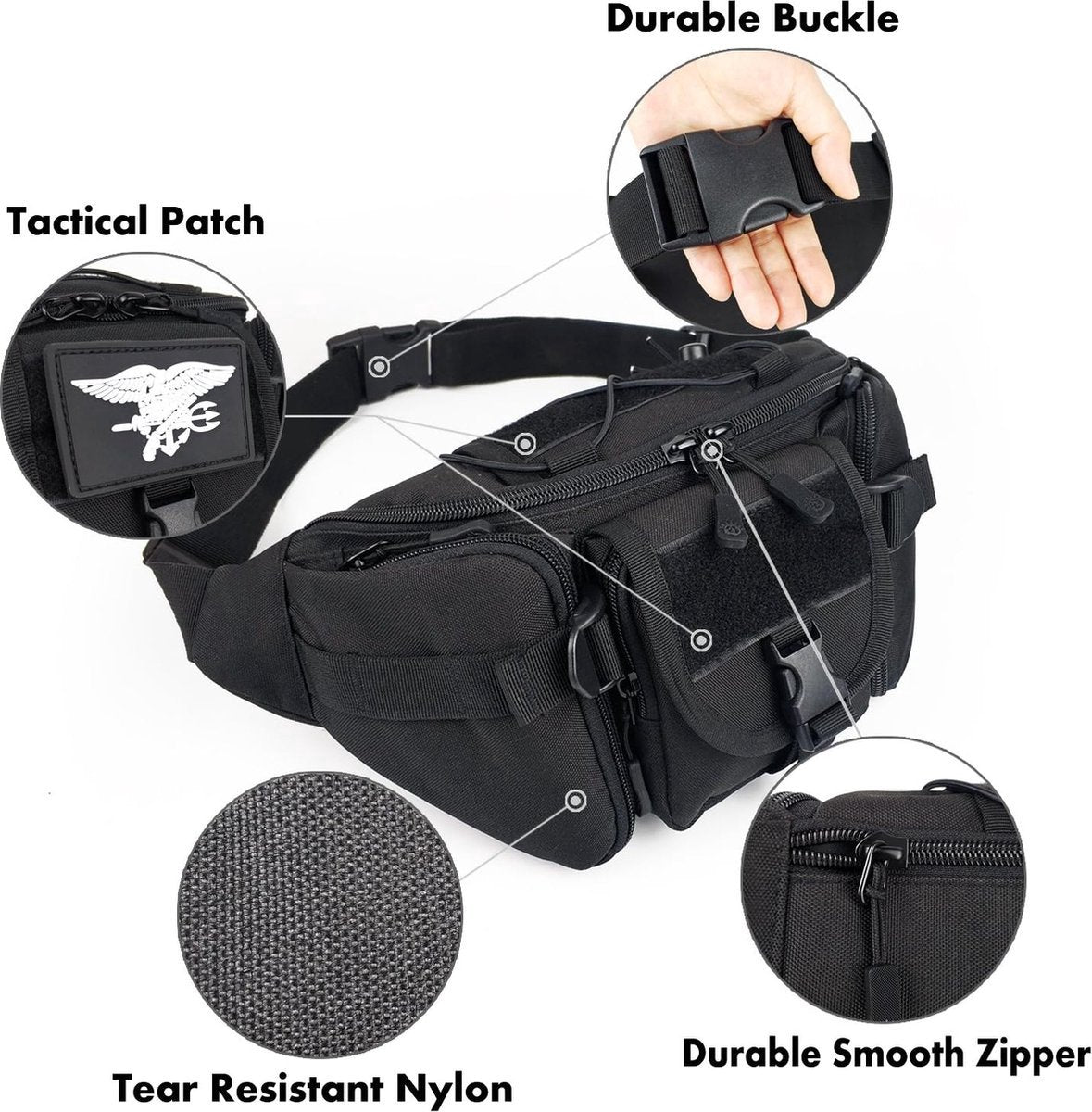 Waist Bag - Nylon Waist Bag - Waterproof - Large Capacity - Crossbody Bag - Multifunctional Sling Bag - Outdoor Anti-Theft - For Sports / Hiking / Cycling / Travel / Fishing - Phone Pouch - Black - Durable - Multiple Compartments - Image 5