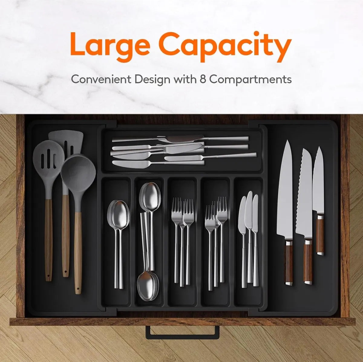 Extendable Cutlery Tray with 8 Compartments - 38 Cm Deep - Cutlery Cassette - Cutlery Drawer Organizer - Kitchen Cutlery Holder - BPA-Free - Organizer - Kitchen Drawer - Cutlery - 57 x 38 x 5 Cm Maximum Size - 33 x 38 x 5 Minimum Size - 6 to 8 Compartment - Image 3