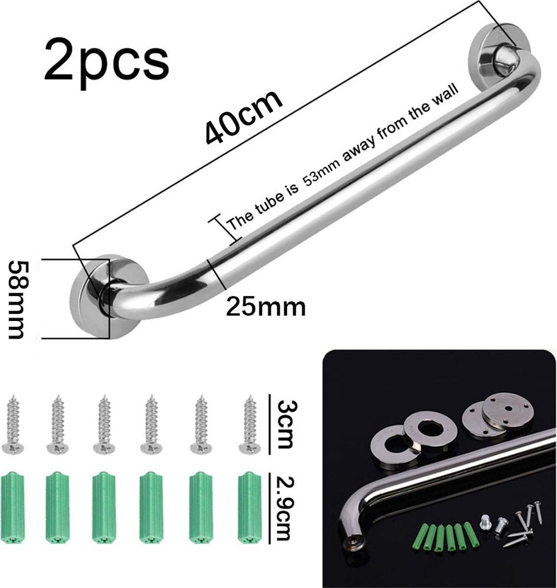 Wall Grab Bar - Extra Grip - 2 Pieces - 40 Cm - Stainless Steel - Handle / Wall Grab Bar for Bathroom / Shower / Toilet - Toilet Grab Bar - Bath Grab Bar - Shower Grab Bar - Non-Slip Grab Bar - Bathroom Handle - Safety Grip - High Load Capacity - Screws I - Image 5