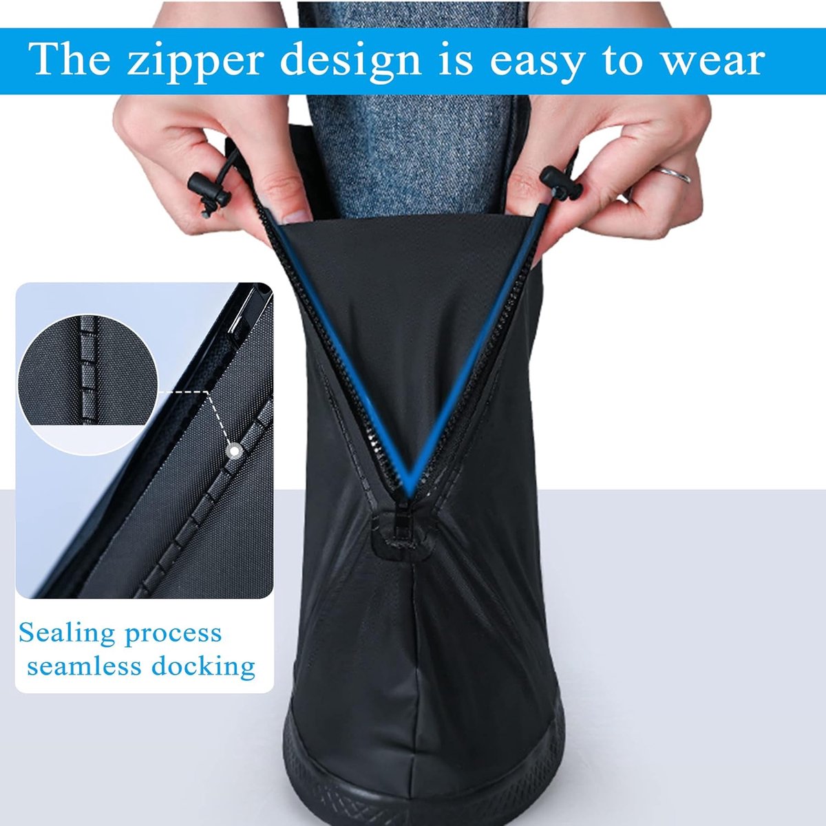 Waterproof Shoe Covers - Rain Shoe Covers - With Zipper, Drawstring and Snap - Waterproof Shoe Protectors - Motorcycle Scooter Bicycle Shoe Cover - Shoe Rain Cover - Shoe Cover - Shoe Covers - Anti-Slip - M Size 38-39 - Black - Reusable - Image 5