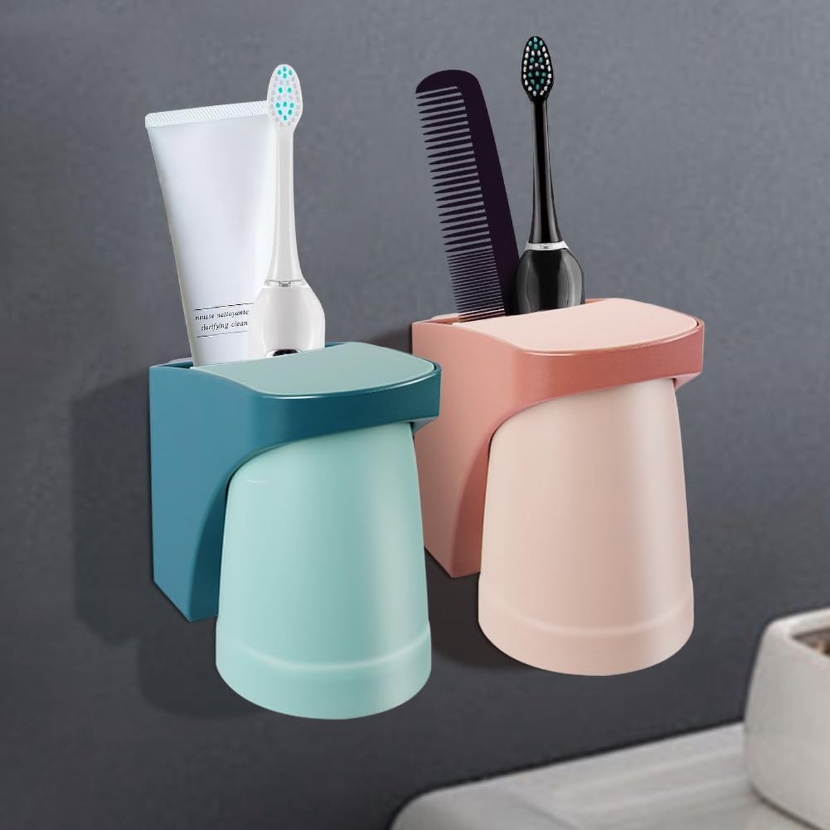 Toothbrush Holder - Toothbrush Box - Wall Mounted - Bathroom Organizer - Toothbrush Organizer - Toothbrush Holder with Magnetic Cup - No Drilling Required - For Family, Children - Blue+Red - 2 Pieces - Image 5