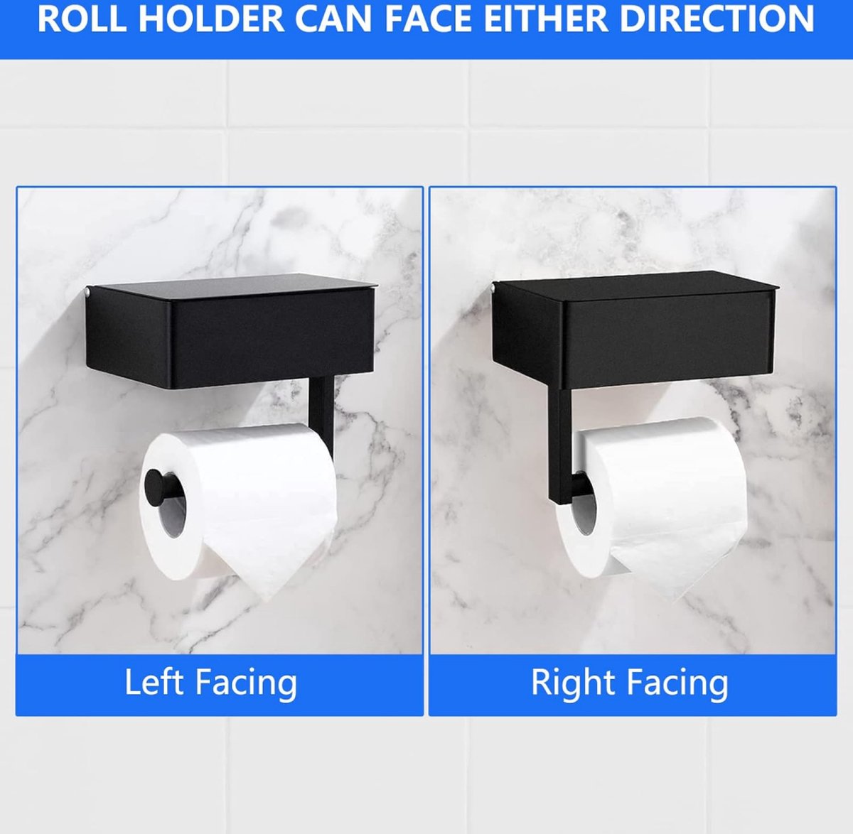 Toilet Roll Holder - Toilet Roll Holder with Shelf - Toilet Paper Holder - Small Shelf & Tray - Shelf Storage Space - Self-Adhesive or Drill-Removed - Bathroom Accessories - Water Resistant - Black - Image 5