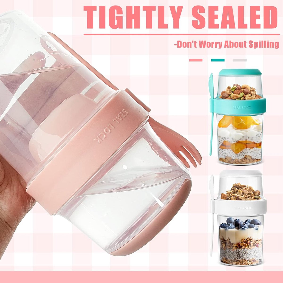 Yogurt Cup - Yogurt Cup To Go - Lunch Pot - BPA-Free - With Spoon - Muesli Cup To Go - Lunch Cup - Lunch Box - Lunch Container - Takeaway - Leakproof - Medium - 560 + 310 ml - Salad To Go - Salad Box - Pink and Green - Sustainable - Image 5