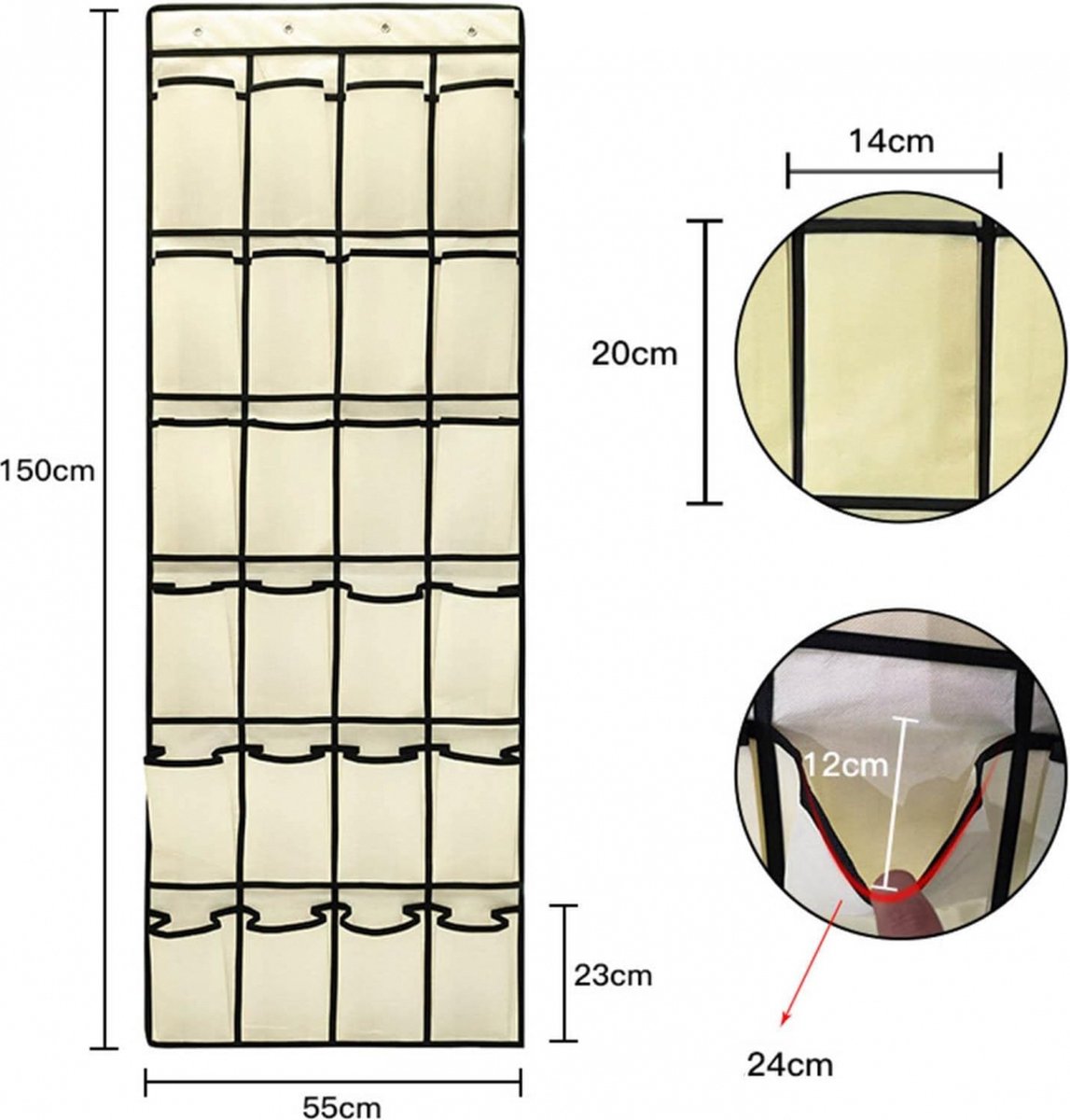Hanging Shoe Bag - 24 Slots - Shoe Storage - Door Organizer - Hanging Shoe Rack - Shoe Organizer - Door Storage Bag - Hanging Storage - Solution for Shoes Scattered Around - Hanging Shoe Cabinet - Shoe Bag - Beige - Image 5
