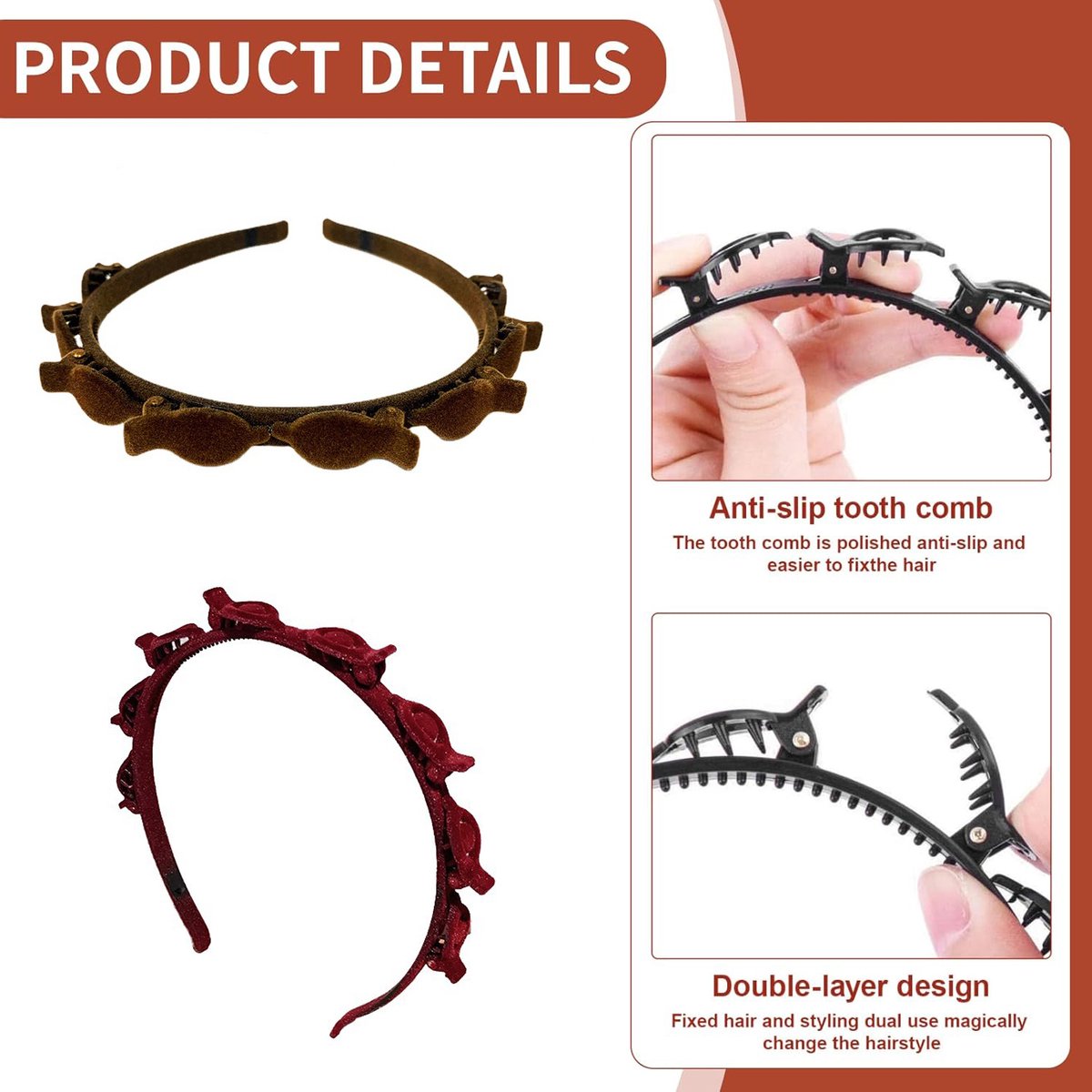 3-Piece Hairband with Clip - Tiara - Double-Layered Twist Braid Headband/Hairband/Tiara with Clips - Tiara with Hairpin - Hair Accessories - Elegant Headband for Women and Girls - Black / Brown / Red - Braided Hair Clip - Durable - Image 5