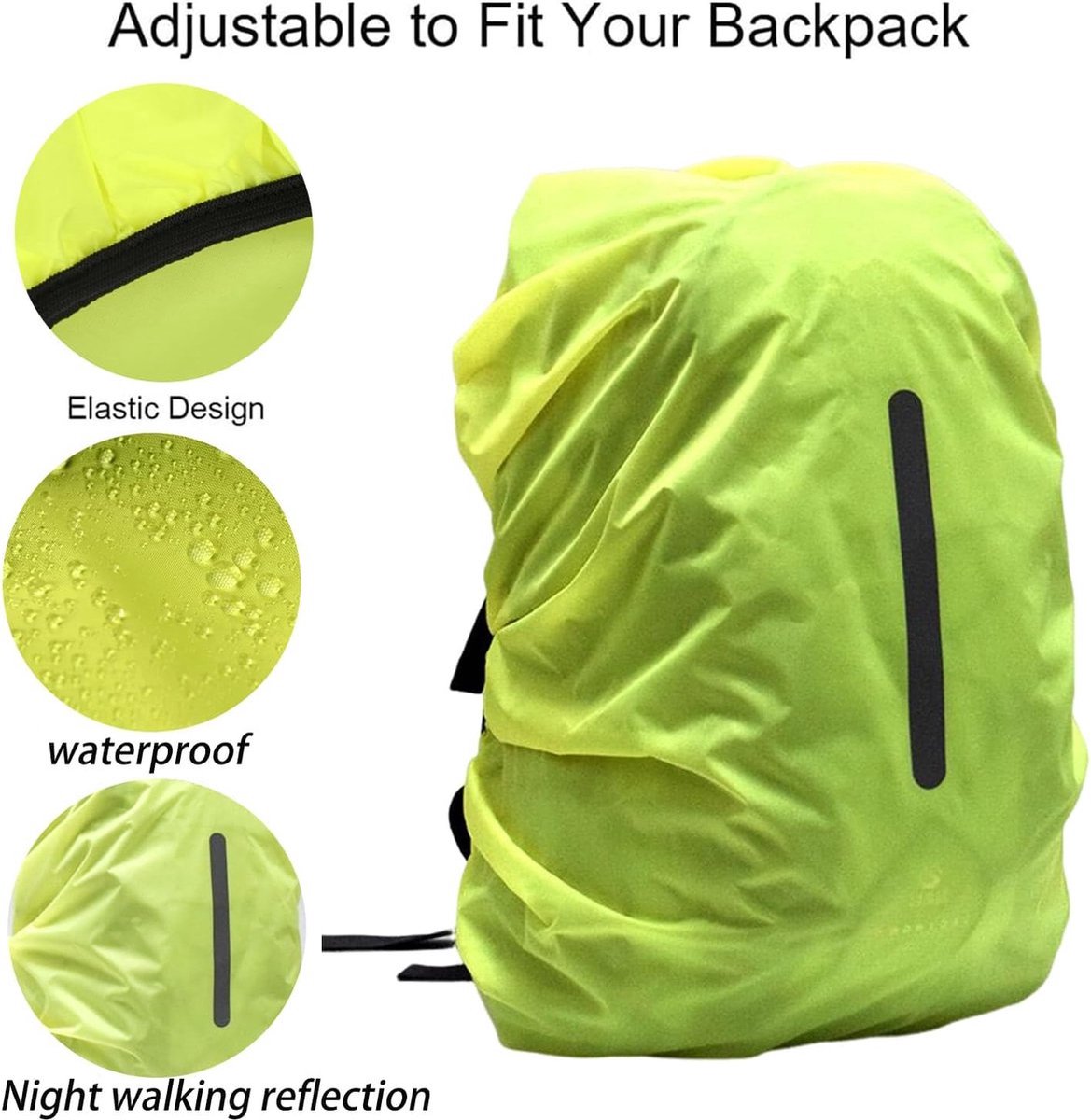 2-Piece Waterproof Backpack Cover - Reflective Rain Cover Backpack - 30 to 45 Liters - Waterproof Backpack Rain Cover - Reflective Backpack Covers in Polyester - Black & Green - Size M - Waterproof Backpack Cover for Outdoor Hiking Driving Climbing - Image 5