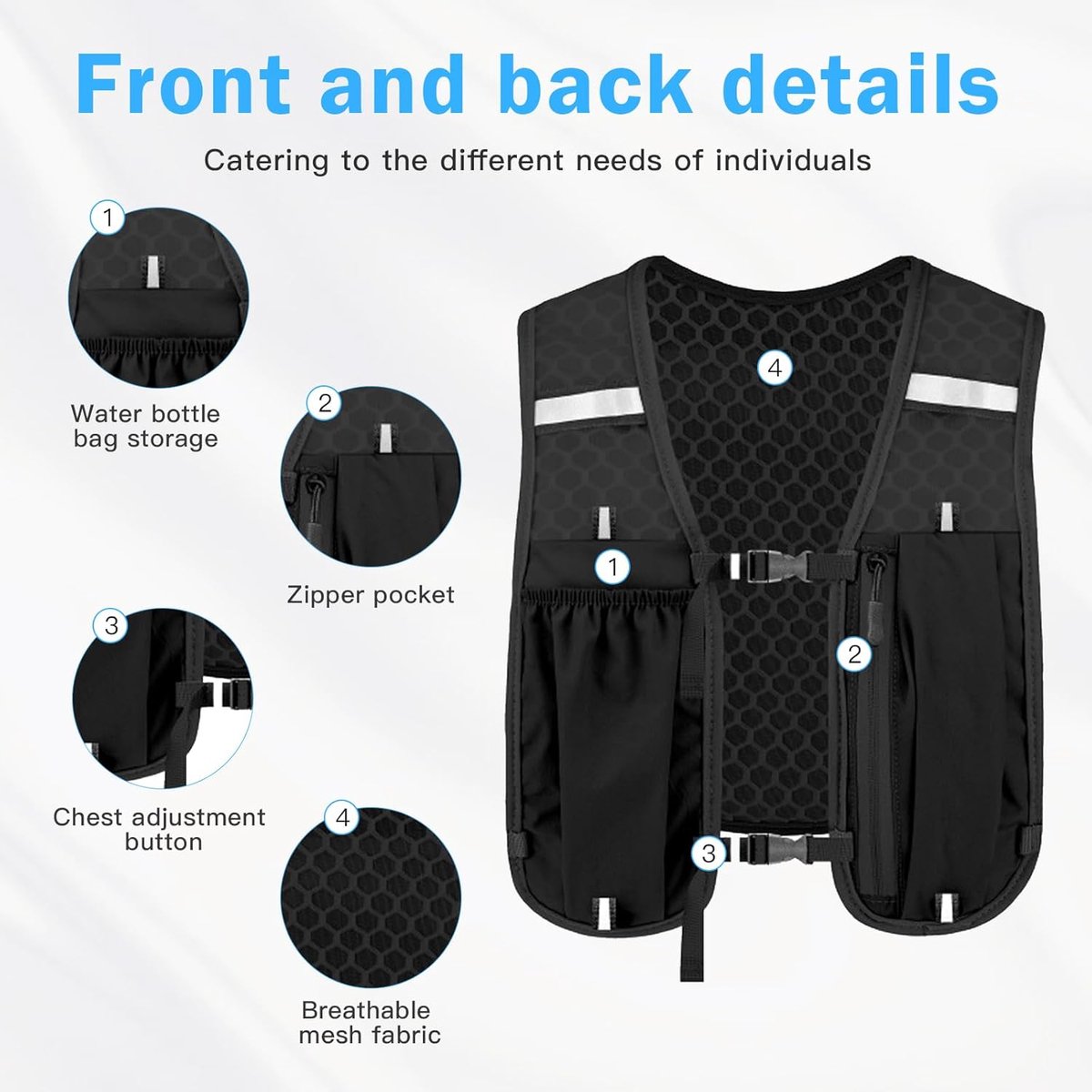 Reflective Running Vest - Running Vest - Running Vest with reflective - With 500ml Flask - Running Vest - running vest drink holder-running vest - Drinking Vest - Ultralight and durable vest - Adjustable - for Cycling, Walking - black - Image 5