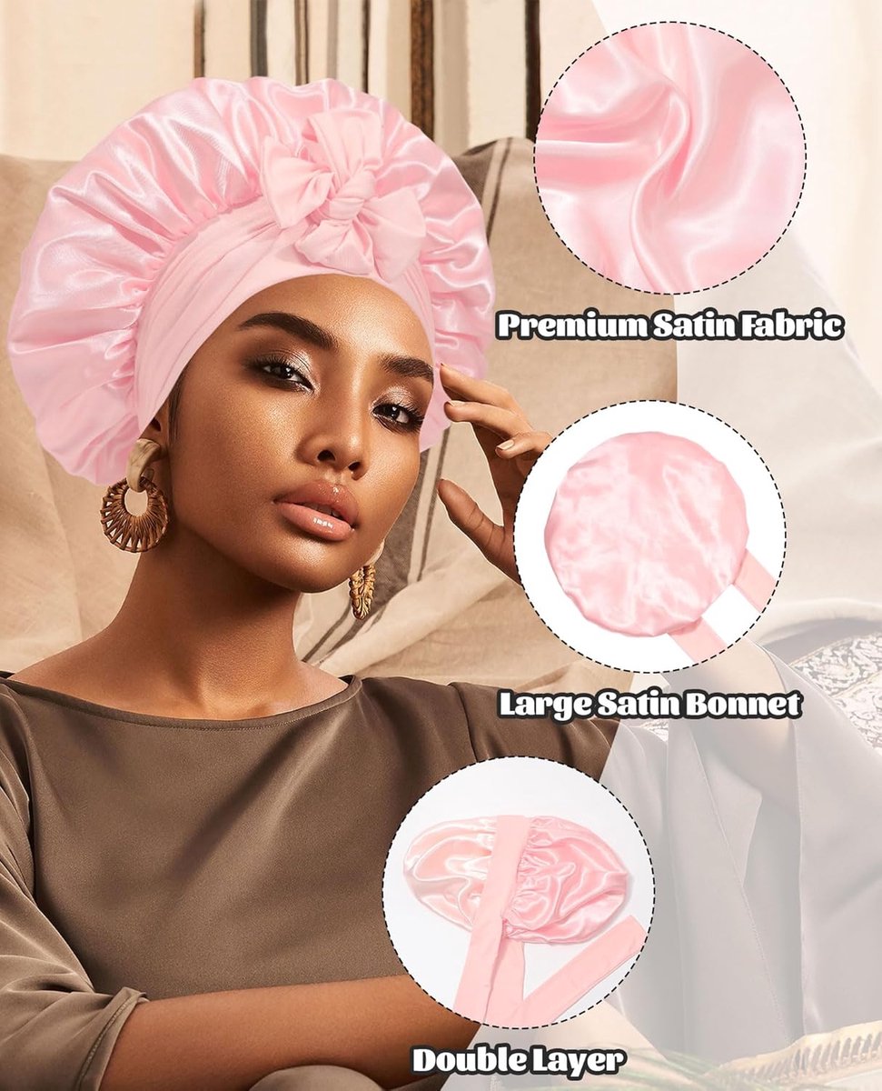 Satin Bonnet - Satin Bonnet - Satin Sleep Cap - Hairnets - Hair Cap - Sleep Cap - Satin Bonnet - Adjustable Satin Sleep Cap - Soft and comfortable - Hair care - curly hair Sleep Cap - with elastic tie band - Pink - Image 5