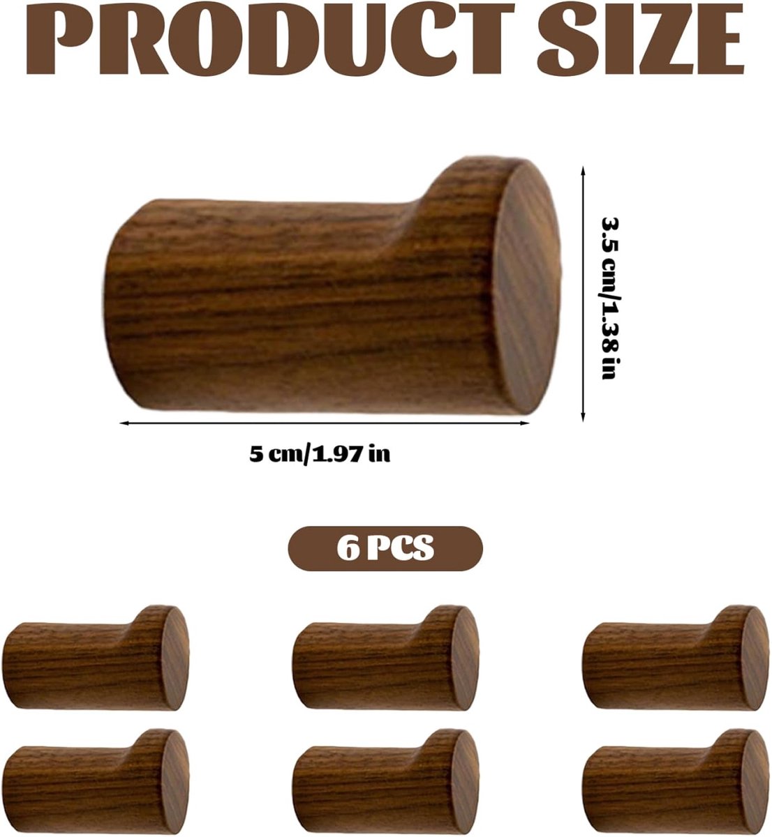 pieces - 3.5*3.5*5 cm - hook - wooden wall hooks - wall-mountable wooden hooks - sturdy clothes hook - decorative towel hook - for towels, hats and decorative clothing - home accessories - brown - Image 5