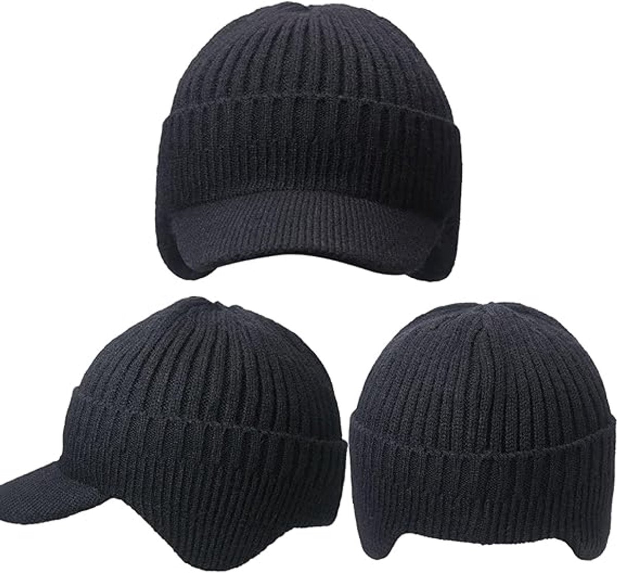Hat - Knitted hat - Winter hat - Outdoor hat - Warm outdoor hat - with ear flaps and brim - warm knitted hat - windproof winter hat - warm ear protection - for men and women - for cycling, skiing and cold weather - black - Image 5