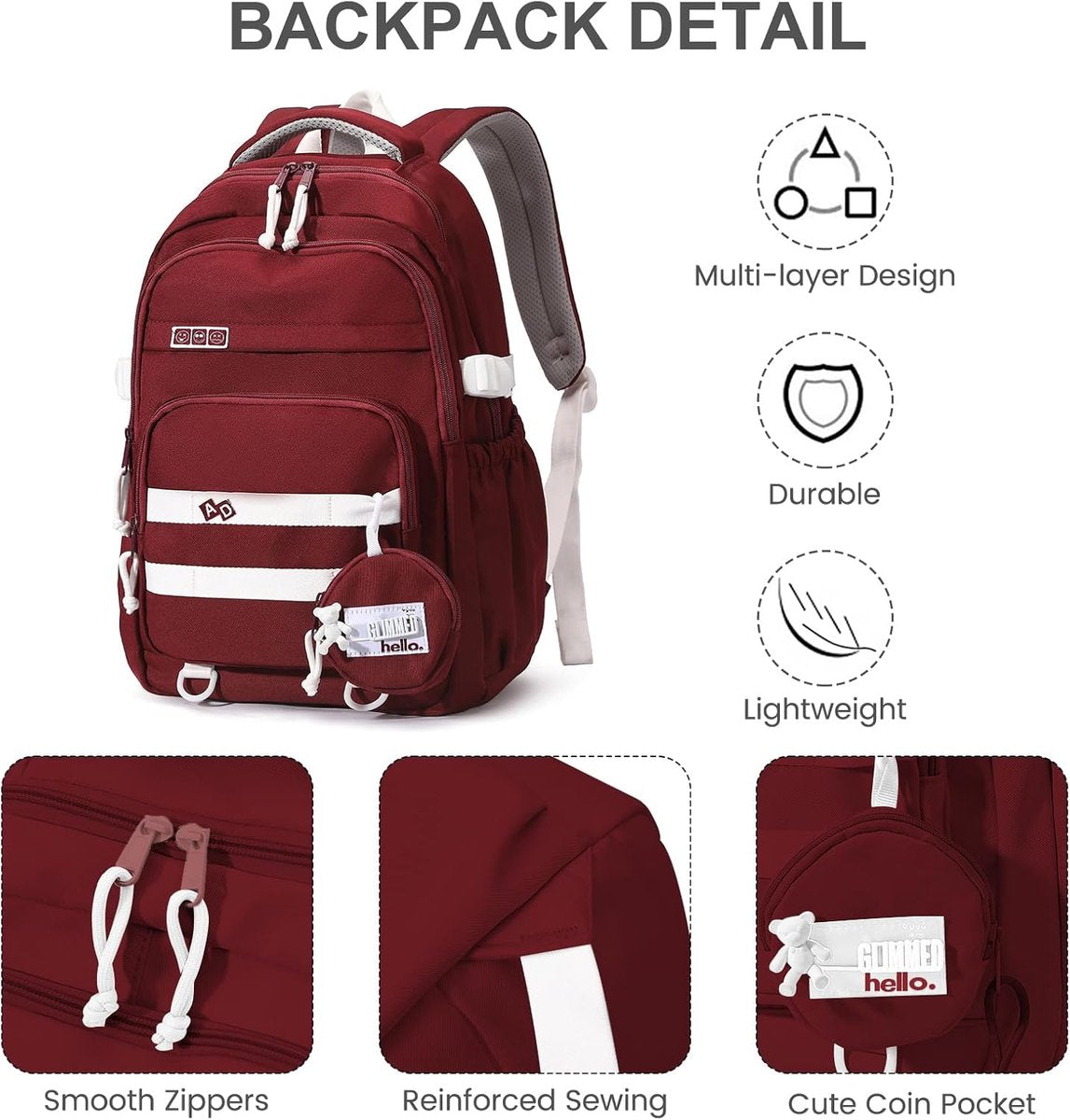 Waterproof backpack for girls - Girl Backpack - School backpack - lightweight school bag - School bag - Girls School Student School Bag - Large capacity backpacks for Girls and Boys - Teenagers - High School backpacks - Red - Image 5
