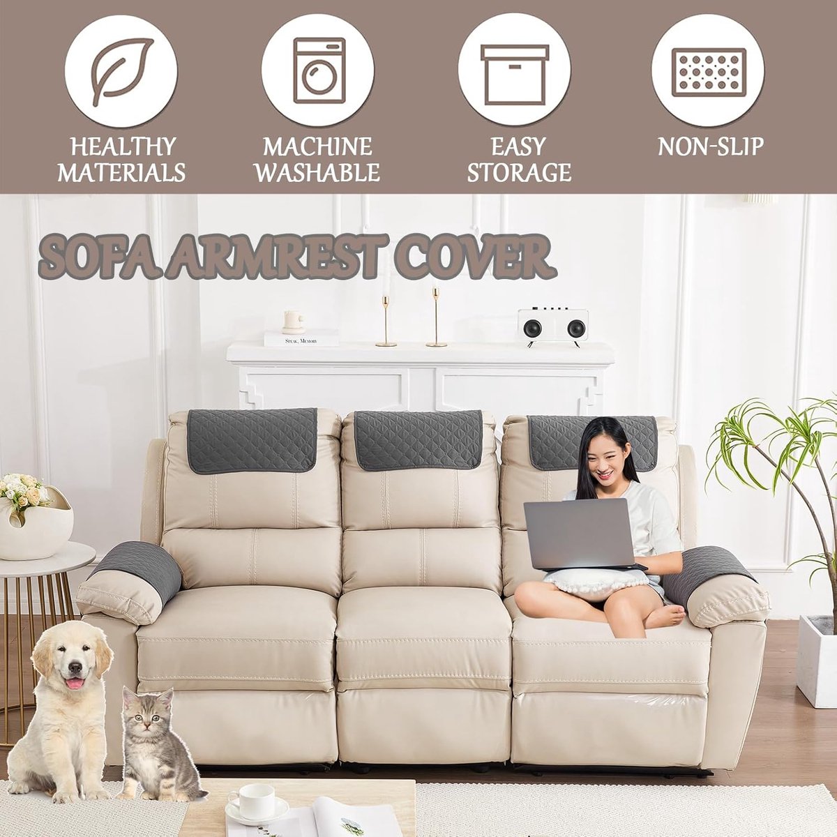 Sofa Cover - 3-Piece Set - Sofa Armrest Cover - Cushion Armrest Pad - Armchair Cover with Pockets - Sofa Protectors - Removable Headrest Cover - Sofa Remote Control Storage Bag - Non-Slip Furniture Protector - Image 5
