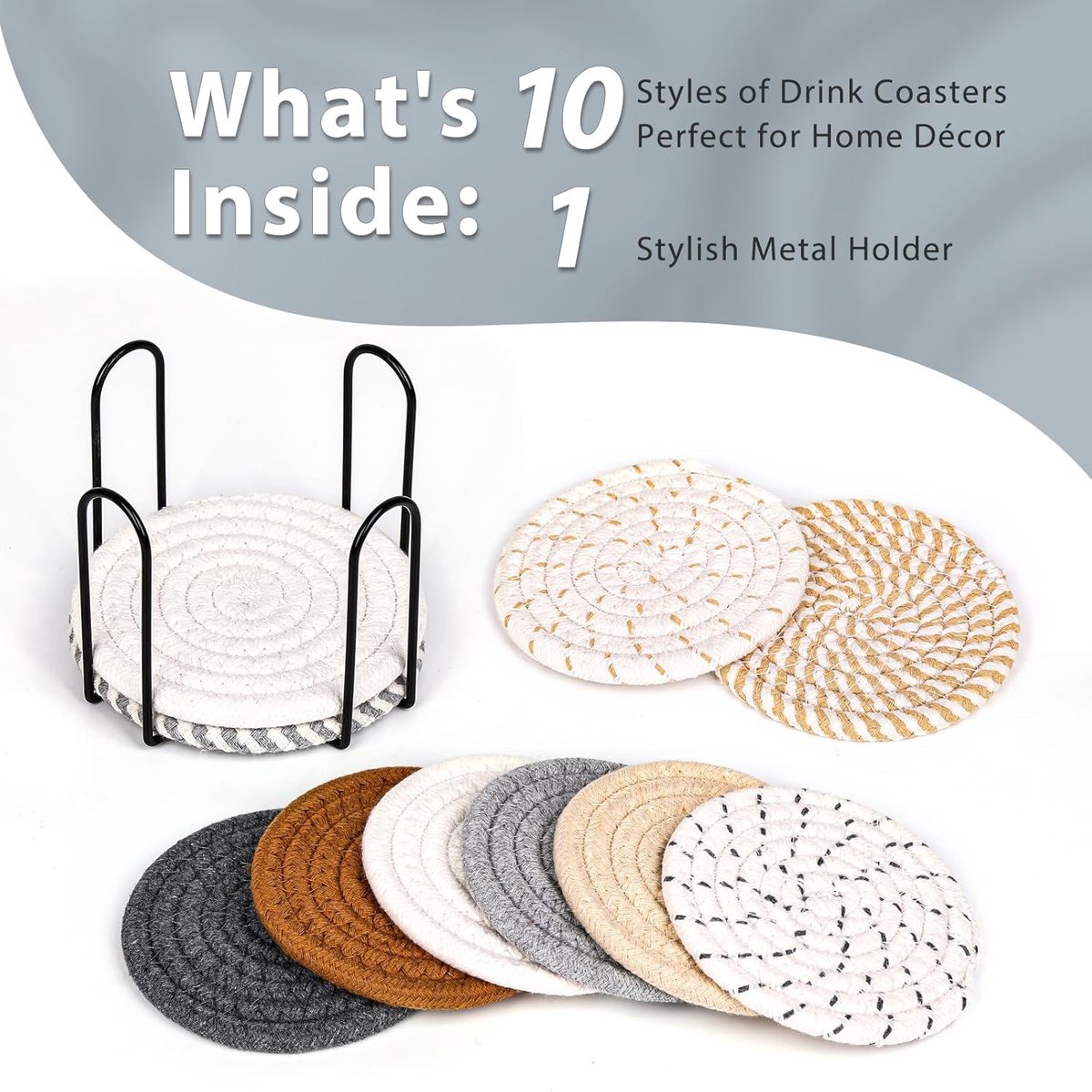 Set of 10 Round Coasters with Stand - Coaster Set - Thermal Insulation - Non-Slip Braided Cotton Coasters - Coasters for Glasses - for Glasses - For Drinks, Bar, Cups, Table Coasters - Grey/Khaki - Image 5