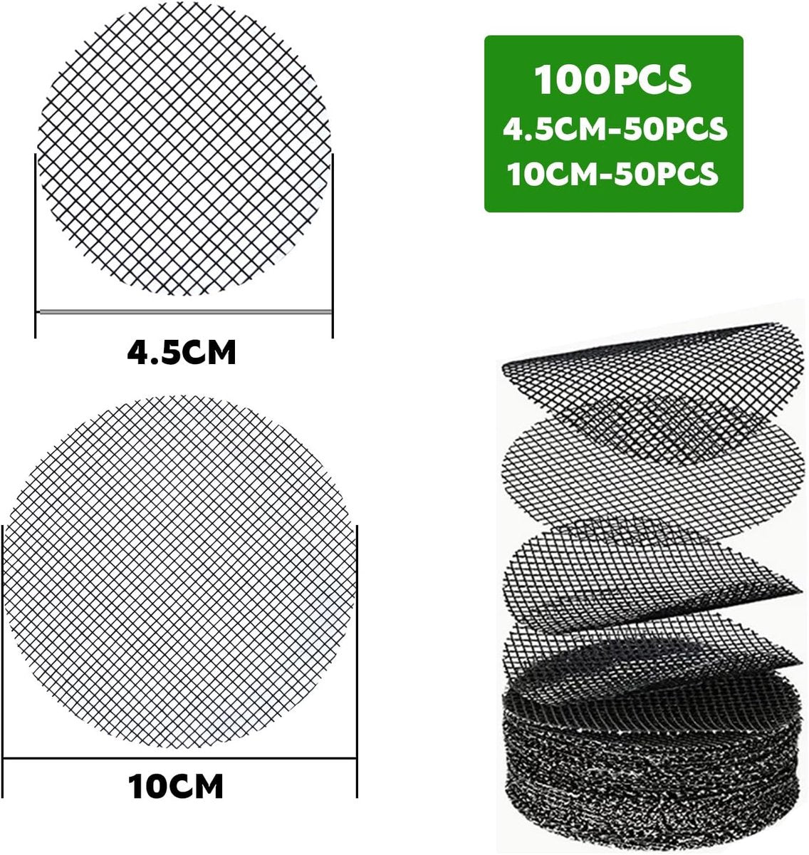 100 pieces - Round flowerpot mat - flowerpot mat - mesh garden mat - plant pot bonsai soil grid - for garden - prevents soil loss - drainage screens - 4.5 cm and 10 cm, 50 pieces each - black - Image 5