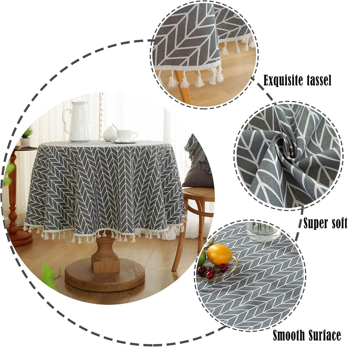 Round Tablecloth - Tablecloth with striped tassels made of cotton and linen - Washable Tablecloth - for table decoration in the kitchen and dining room - Round - 150 x 150 cm - Image 5