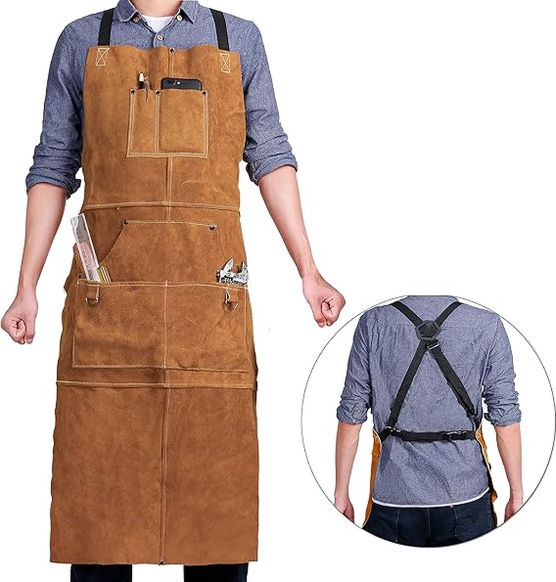 Apron - BBQ apron - BBQ apron leather men - Unisex - Gift - Apron for Women and Men - Adjustable Buckle - Leather - 99*61cm - Brown - Image 3