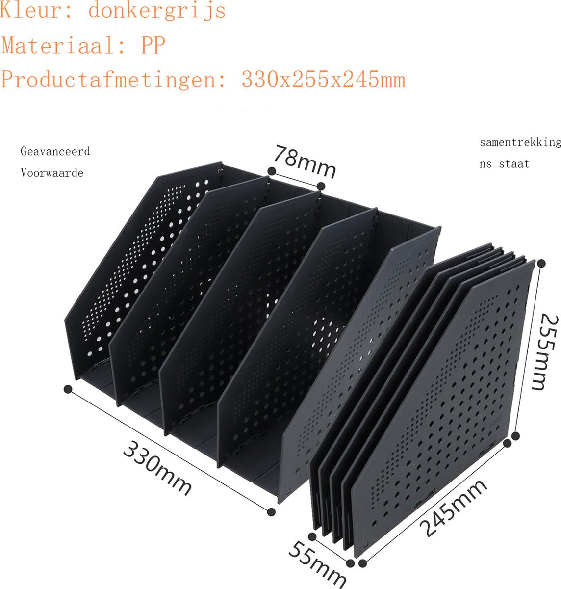 Magazine cassette - 4 compartments - A4 format - desk organizer - Magazine holder - Magazine rack - Newspaper holder - Magazine rack - Magazine holder - Magazine rack - 330 x 255 x 243 mm - Dark gray - foldable - plastic - Image 5