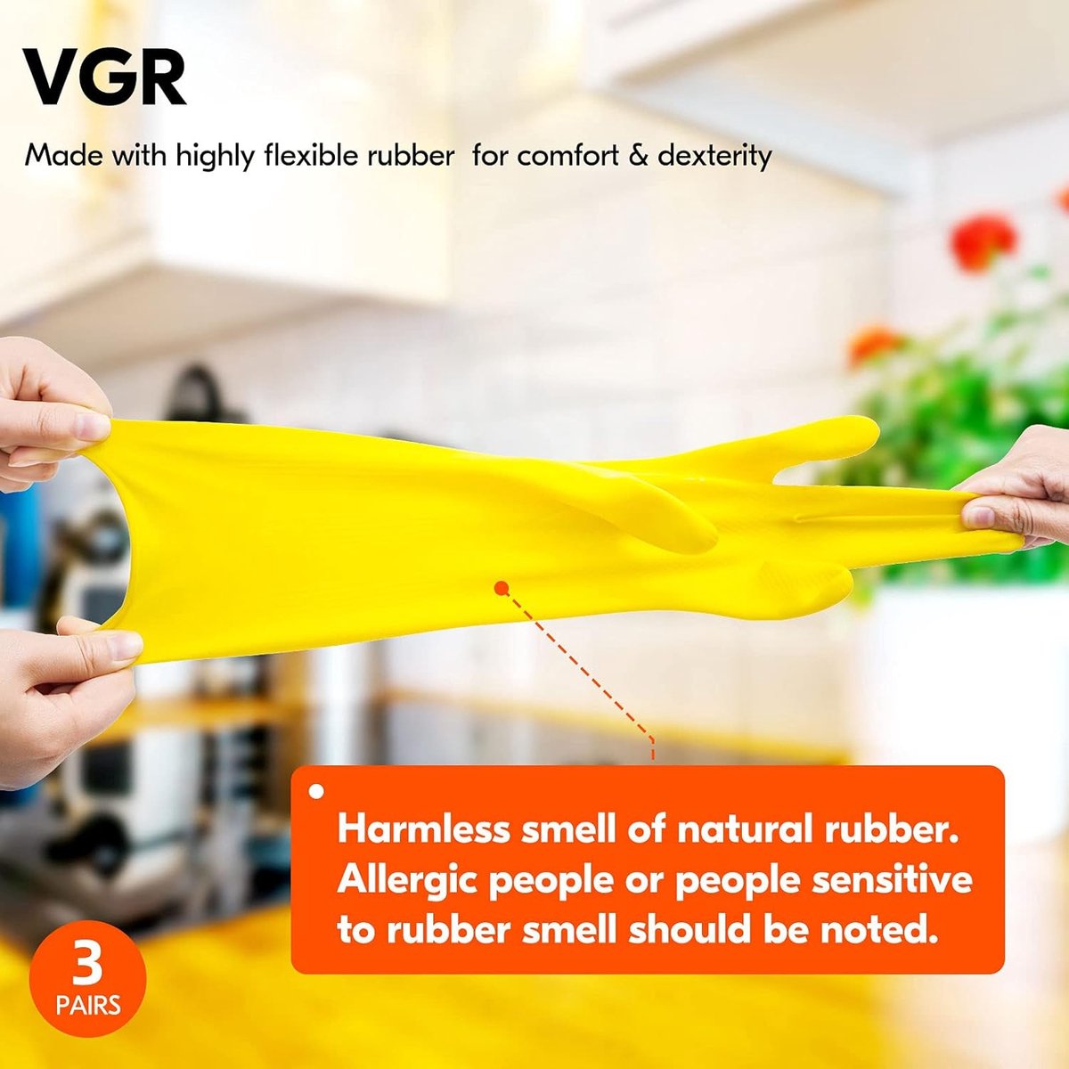Cleaning gloves - size S - 3 pairs - waterproof rubber gloves - Household gloves - Yellow - Reusable - rubber - dishwashing gloves - Non-slip - Image 5