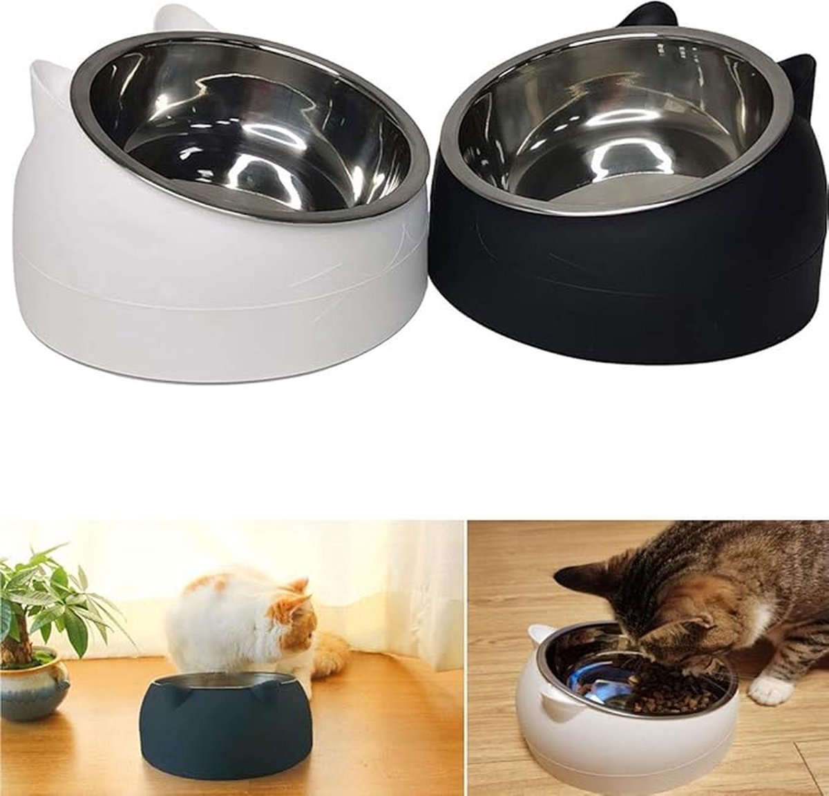 2 pieces - food bowls for cats - Dog food bowl - black, white - 200 ml - Drinking bowl for dogs and cats - Stainless steel - With cat head shape - Image 5