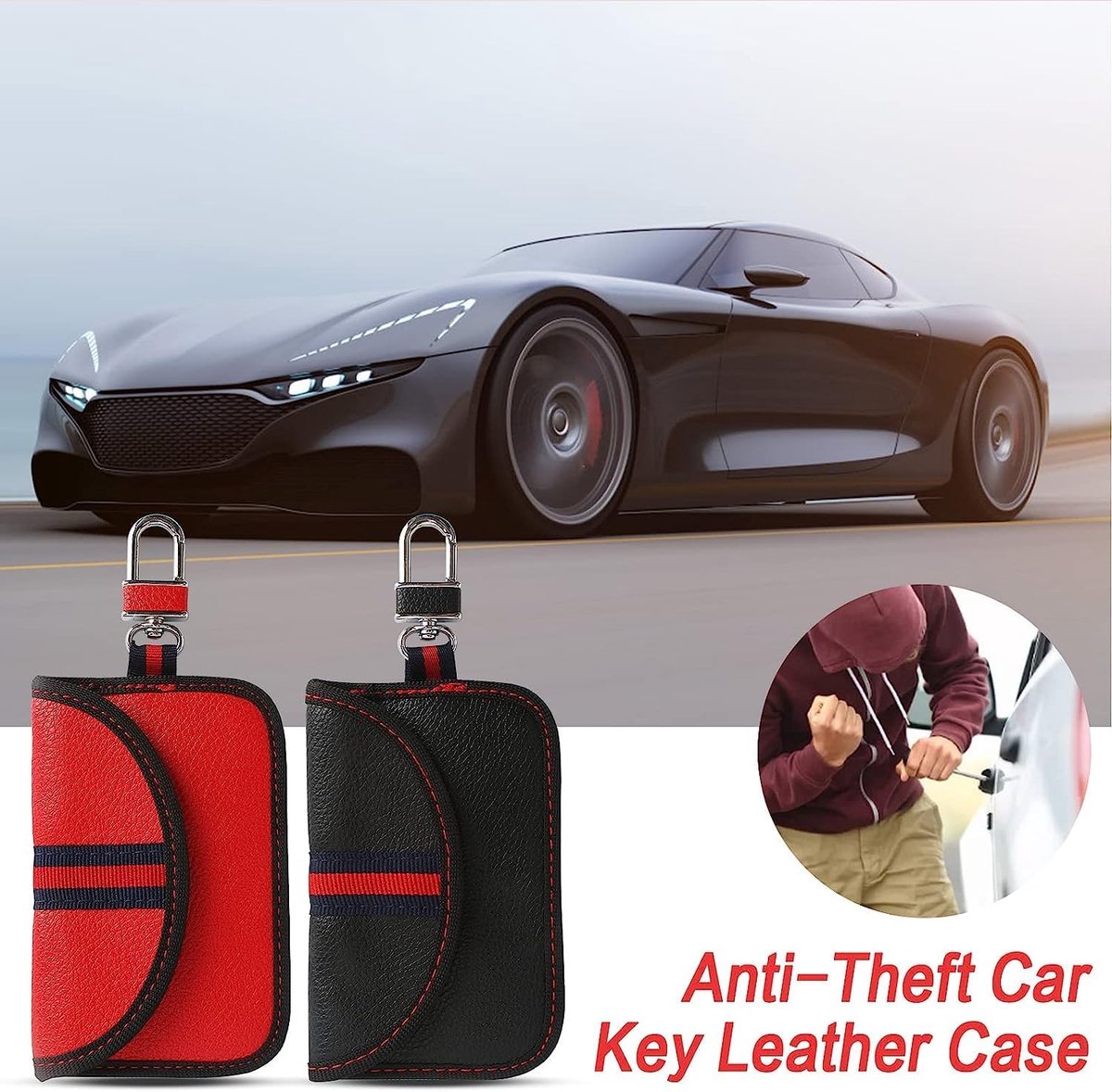 RFID Anti-theft Car Key - 2 pieces - Protective cover - Car key - Anti-theft - With hook - Car key bag - Key bag - Security - Black/Red - Image 6
