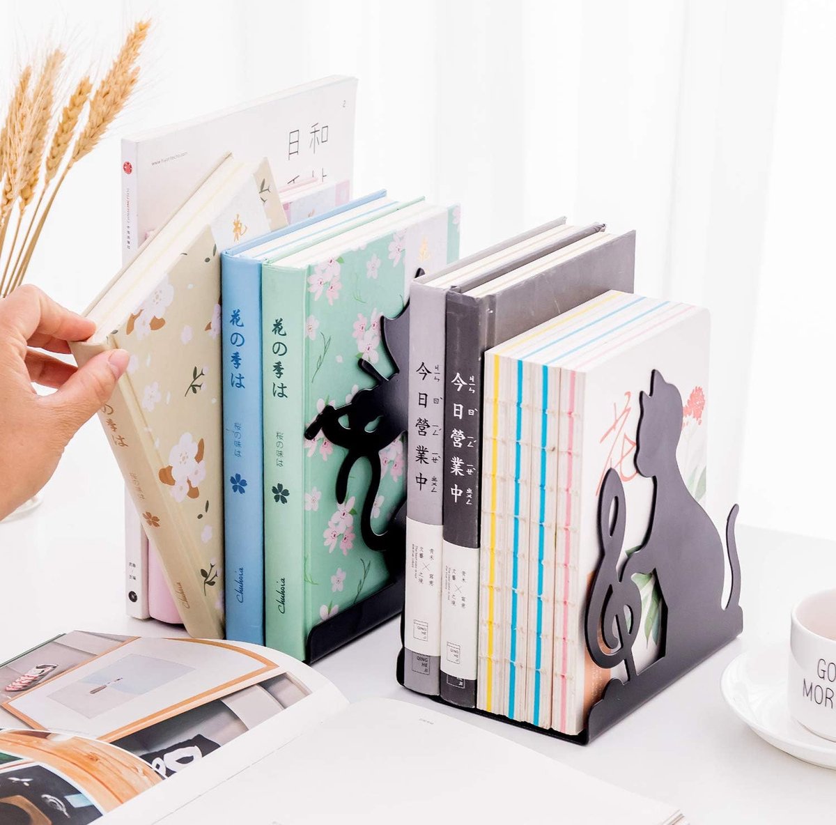 Metal Bookends - Set of 2 - Heavy Duty Black Metal Bookends - Cat Music Note - Non-Slip Durable Sturdy Book Organizer - For Bedroom Library Office - Book Stand - Book Holder - Bookend - Book Holder - Black - Image 3