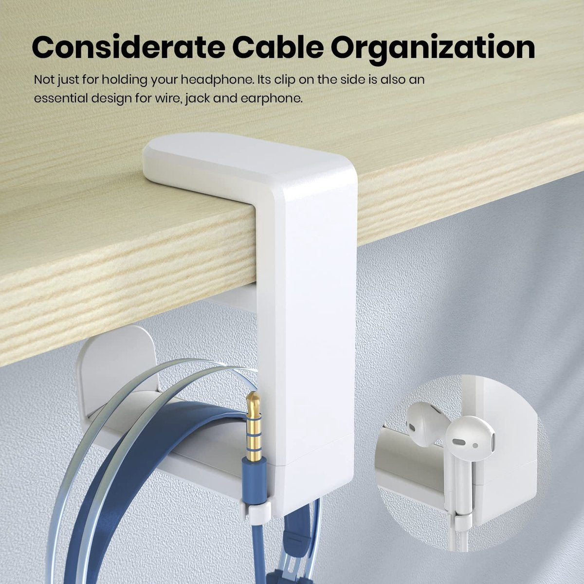 Headset Holder - Headphone Hook - Headphone Stand - Headset Hanger - 11.43 * 10.16 * 4cm - Plastic - White - Adjustable - Rotating Arm Clamp - Non-slip - Headphone Holder for Under Desk - Image 5
