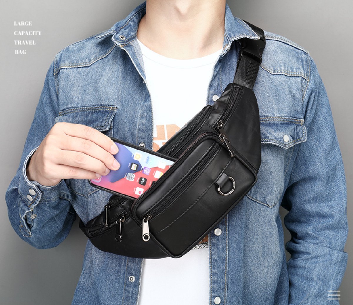 Belt bag - Phone bag - Crossbody - Pouch bag - Leather - Black - 19 x 11 x 3 cm - 6 compartments - Durable - Waterproof - for Travel, Outdoor, Hiking, Sports - Image 4