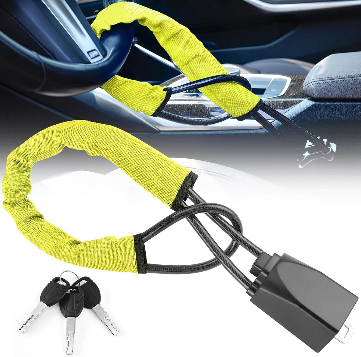 Steering Wheel Lock - Belt Lock - with 3 Keys - Yellow - Universal - Steering Wheel Anti-Theft Device - for Car Security - for Most Vehicles, Trucks, SUVs, Vans - Image 5