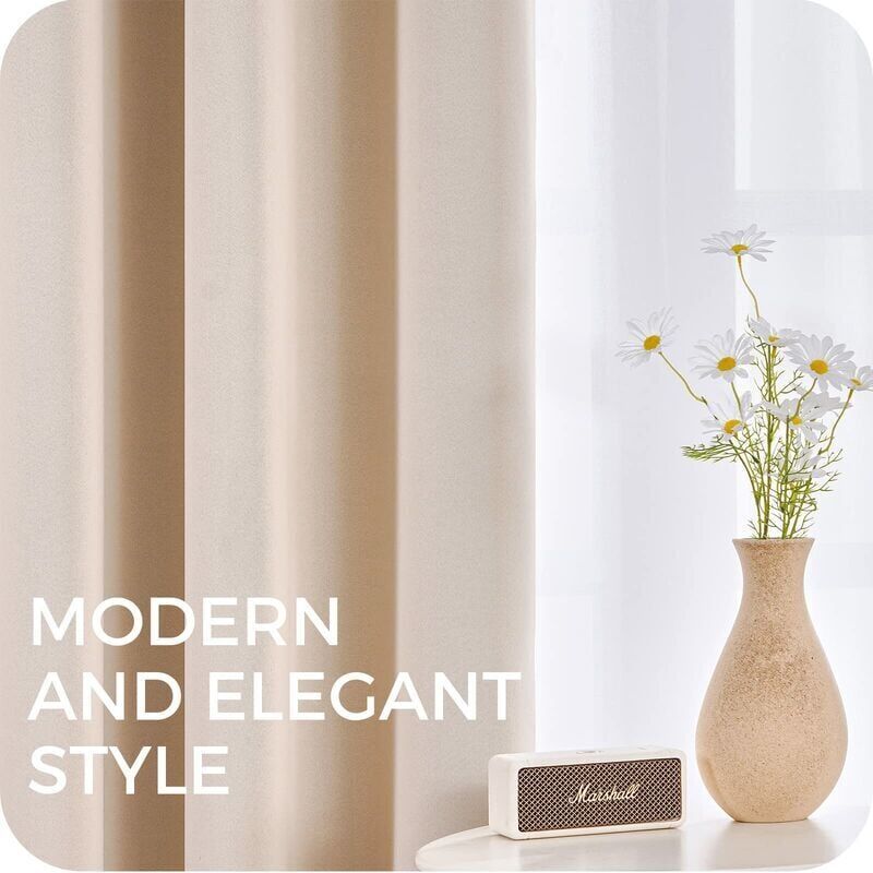 Short Beige Thermal Insulating Blackout Curtains Set of 2 with Eyelets 140 x 160 cm Compatible with DEBUNS for Small Window Living Room Bedroom - Image 5